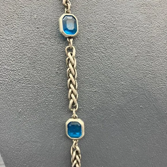 Chicos Long Necklace As Is Silver Chain Teal Blue Faceted Bezel Bead Retro BoHo - Picture 3 of 12
